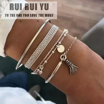 RUI RUI YU 4 шт./компл. женский браслет с кисточками, многослойный браслет-цепочка с диском серебряный