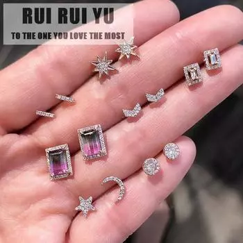 RUI RUI YU, 7 пар сережек-пусетов, нежные серьги-пусеты с инкрустацией искусственными драгоценными камнями, элегантная квадратная форма в виде звезды и луны золотой