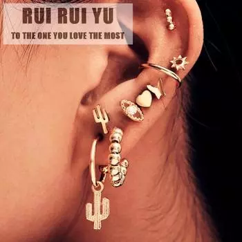 RUI RUI YU, 9 шт./компл., женские серьги-гвоздики, серьги-гвоздики, глаза, сердце, солнце, бабочка, кактус, бусины, орнамент, женский комплект ювелирных изделий золотой