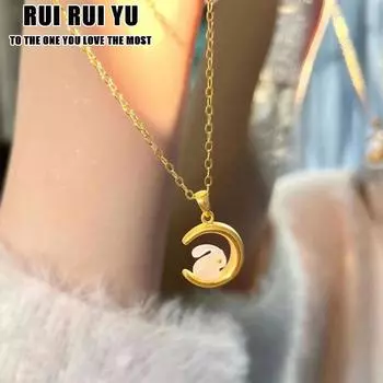RUI RUI YU Благоприятный год Кролика в Китае Ожерелье из нержавеющей стали Звезда Луна Кролик Ниша Дизайн Простой кулон Ожерелье холодного ветра None