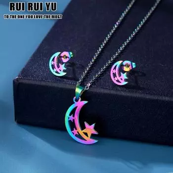 RUI RUI YU, комплект ювелирных изделий из нержавеющей стали высокого качества, красочные ожерелья со звездами и луной, серьги для женщин и детей, романтические шпильки с ночными звездами