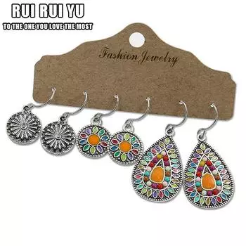 RUI RUI YU, модный браслет, 3 пары, цыганские женские серьги в стиле бохо, круглые полые висячие серьги с перьями, вечерние ювелирные изделия