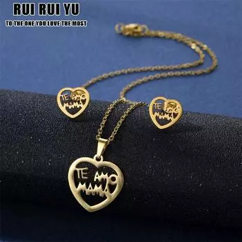 RUI RUI YU Нержавеющая сталь Серебро MAMA Буква Ожерелье Серьги Комплект Любовь Сердце Мама Дочь Фигурка Ювелирный набор Подарок на День Матери