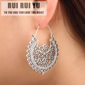 RUI RUI YU Женщины Ретро Богемия Резной Цветок Полые Висячие Серьги Модные Ювелирные Изделия Подарок серебряный