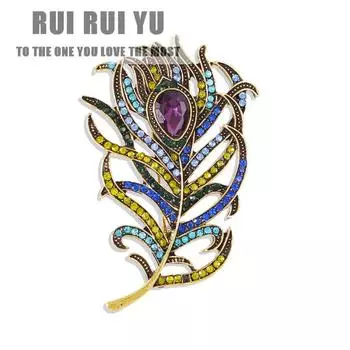 RUI RUI YU Женская винтажная брошь с перьями, кристаллами и золотом, металлический аксессуар для одежды золотой