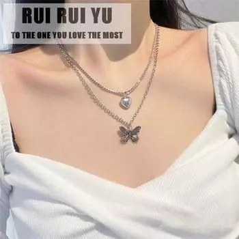 RUI RUI YU женское и мужское ожерелье с двойным бриллиантом в форме сердца, ожерелье-бабочка, серебряный кристалл, подвеска со стразами для серебряный
