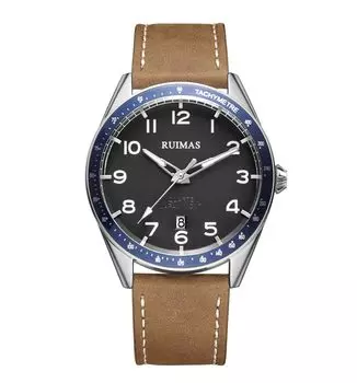 RUIMAS Часы Модные Кварцевые Часы Хаки Кожаный Ремешок Мужские Серебристые Черные Водонепроницаемые Часы Мужские