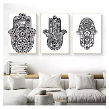 Рука Фатимы, художественный принт, настенная картина, ручная картина Хамса, холст, картина, постер, арабский домашний декор, ручная работа, богато украшенный амулет Хамса 21cm30cm NoFrame