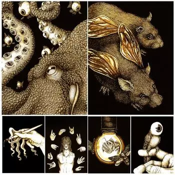 Рука осьминога, загадочная рыба-фонарь, ретро настенная живопись маслом, одноглазая птица и бессмертная мышь, художественный постер 21cm30cm NoFrame