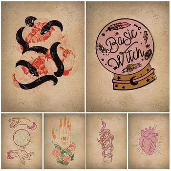 Рука ведьмы и волшебный хрустальный шар, настенная живопись на холсте, змея и цветок, винтажный художественный постер 21cm30cm NoFrame