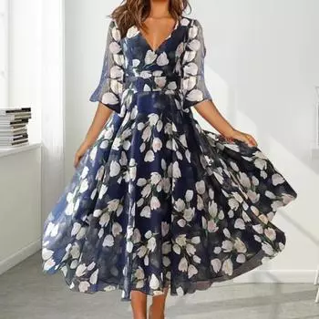 Рукав до половины Цветочный принт V-образный вырез А-силуэт Большой свободный крой Плиссированная сетка Пэчворк Длина до середины икры L синий