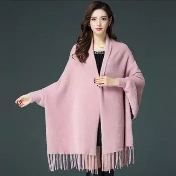 Рукав летучая мышь накидка шаль чонсам имитация норки флисовая куртка накидка большой размер средний и длинный вязаный кардиган 031 One Size красный