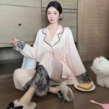 Рукава из жаккардовой ткани Домашняя одежда Новые осенние пижамы Женские пижамы из ледяного шелка с кружевными рукавами Домашняя одежда M бежевый