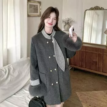 Рукава пушистые сращивания средней и длинной куртки-пуховика пальто женское осень и зима 2024 новое шерстяное пальто платье S темно-серого