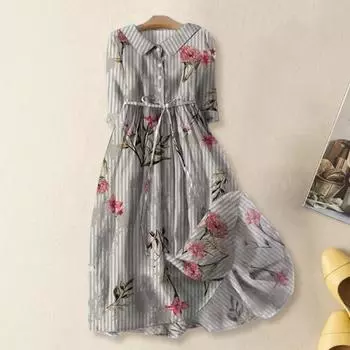 Рукава три четверти Трапеции с цифровым цветочным принтом в богемном стиле, плиссированные на шнуровке, полуоднобортное платье-рубашка миди L синий