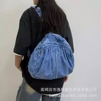 Рюкзак 2024 года, новый модный повседневный рюкзак из стираного денима для студентов колледжа, универсальная школьная сумка через плечо Tide синий