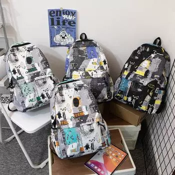 Рюкзак 2024 года, новый вместительный персонализированный повседневный рюкзак с граффити, школьный рюкзак для студентов университетского городка чёрный