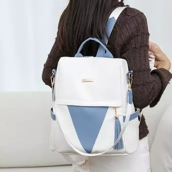 Рюкзак Anti-Theft, женский контрастный цветной рюкзак для поездок на работу, многофункциональная сумка через плечо с кисточками чёрный/белый