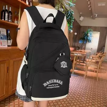 Рюкзак большой емкости контрастного цвета, школьная сумка в студенческом стиле для учащихся средней школы, рюкзак с несколькими отделениями чёрный