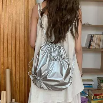 Рюкзак Commut Nylon Ruched в корейском стиле, серебристая сумка на плечо, милый рюкзак со шнурком для девочек серебряный