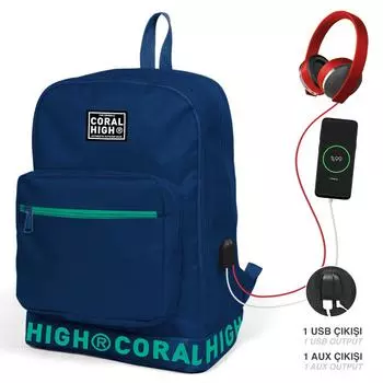 Рюкзак Coral High Navy Blue Embroidery Logo с четырьмя отделениями и выходом для наушников с USB-зарядным устройством 24107