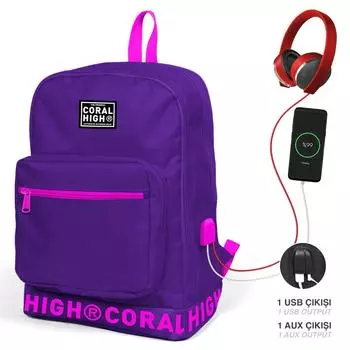 Рюкзак Coral High Purple Embroidery Logo с четырьмя отделениями и выходом для наушников с USB-зарядным устройством 24109