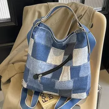 Рюкзак дизайн sense нишевая сумка женская широкий плечевой ремень большая вместительная джинсовая сумка-тоут одно плечо кроссбоди многоцелевой рюкзак синий