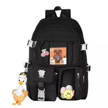 Рюкзак для детей начальной и средней школы с большим боковым карманом на груди, милый [SPooooN!] [Персональный рюкзак] Девочки, Мальчики, чёрный