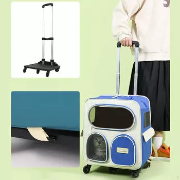 Рюкзак для кошек Переноска на колесиках для питомцев Дышащая для походов, шоппинга Складная Телескопическая ручка Царапины Blue