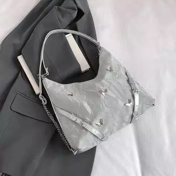 Рюкзак для поездок большой вместимости, летняя модная сумка через плечо под мышкой с бабочкой, универсальная сумка-тоут на цепочке серебряный