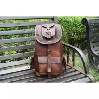 Рюкзак для путешествий, винтажный рюкзак из натуральной козьей кожи, настоящая большая сумка 16 x 8 x 8 in коричневый