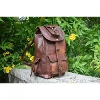 Рюкзак для путешествий, винтажный рюкзак из натуральной козьей кожи, настоящая большая сумка 16 x 8 x 8 in коричневый