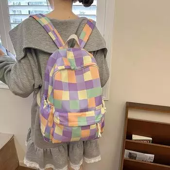 Рюкзак для школьников средней школы, клетчатый женский рюкзак большой емкости, нейлоновый школьный рюкзак зелёный/синий