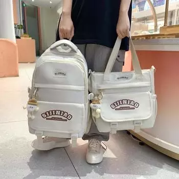 Рюкзак для школьников средней школы с цветными блоками, женский рюкзак большой вместимости с буквенным принтом Shoulder Bag чёрный