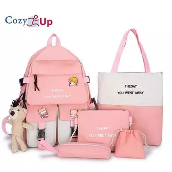 Рюкзак из 5 предметов, школьная сумка, 5 цветов, школьная сумка для учеников средней школы, рюкзак из холста для кампуса 32x12x44cm розовый