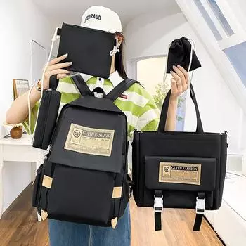 Рюкзак из 5 предметов, школьный рюкзак для младших школьников, студенток, кампуса, хлопковый парусиновый рюкзак, прочный красный