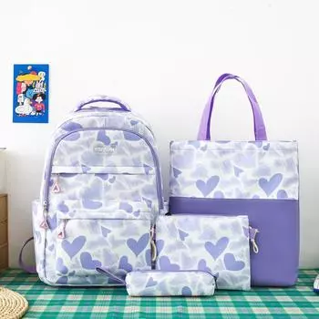 Рюкзак из четырех предметов, школьный рюкзак с принтом Love, женский рюкзак большой вместимости синий