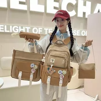 Рюкзак из четырех предметов, школьный рюкзак, женский рюкзак большой емкости с цветными блоками красный