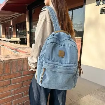 Рюкзак из денима, школьный рюкзак в стиле ретро, школьный портфель для старшей школы темно-синий