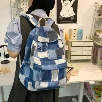 Рюкзак из холста с цветными блоками, школьная сумка для ученицы средней школы синий