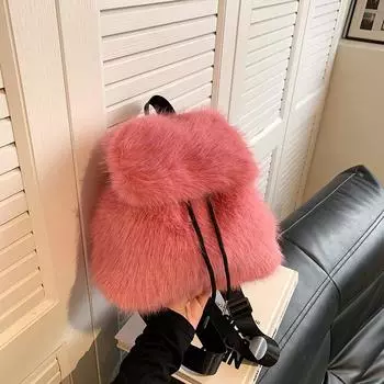 Рюкзак из искусственного меха кролика, студенческий, большой емкости, однотонный рюкзак с завязками на шнурке, прилив 23*13*26 коричневый