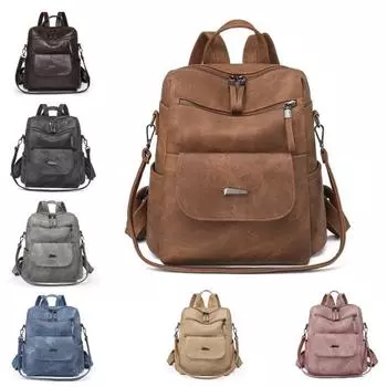 Рюкзак из искусственной кожи с ручным ремешком, гладкая поверхность, винтажный, большой емкости, однотонный, регулируемые ремни, множество карманов, сумка для путешествий и работы