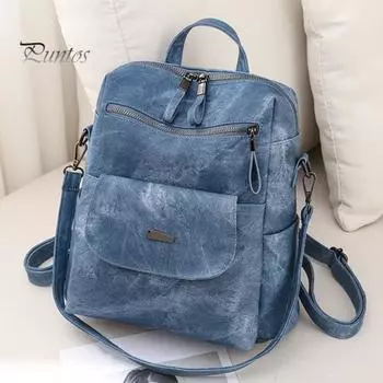 Рюкзак из искусственной кожи с ручным ремешком, гладкая поверхность, винтажный, большой емкости, однотонный, регулируемые ремни, множество карманов, сумка для путешествий и работы