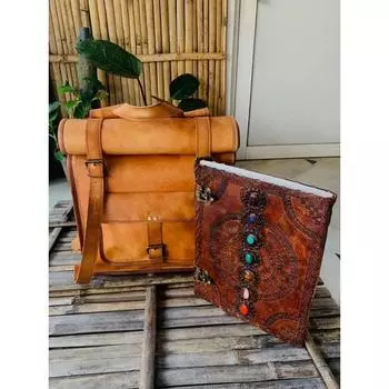 Рюкзак из козьей кожи, сумка для ноутбука, винтажная, коричневая, мужская ( Бесплатный подарок кожаный ежедневник коричневого цвета 7 камней размером 10 x 13 дюймов ) 16Rolled-21Open x11x 4 in коричневый