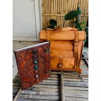 Рюкзак из козьей кожи, сумка для ноутбука, винтажная, коричневая, мужская ( Бесплатный подарок кожаный ежедневник коричневого цвета 7 камней размером 10 x 13 дюймов ) 16Rolled-21Open x11x 4 in коричневый