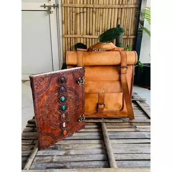 Рюкзак из козьей кожи, сумка для ноутбука, винтажная, коричневая, мужская ( Бесплатный подарок кожаный ежедневник коричневого цвета 7 камней размером 10 x 13 дюймов ) 16Rolled-21Open x11x 4 in коричневый