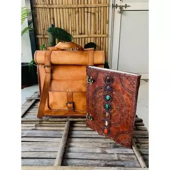 Рюкзак из козьей кожи, сумка для ноутбука, винтажная, коричневая, мужская ( Бесплатный подарок кожаный ежедневник коричневого цвета 7 камней размером 10 x 13 дюймов ) 16Rolled-21Open x11x 4 in коричневый