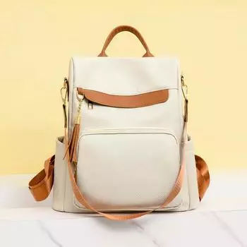 Рюкзак из мягкой кожи, женский винтажный рюкзак, рюкзак большой емкости с несколькими отделениями бежевый