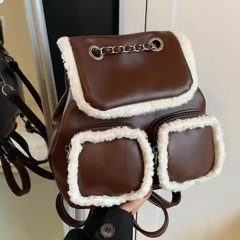 Рюкзак из мягкой плюшевой кожи в студенческом стиле, женская пушистая ручная сумка, модный высококачественный ретро-рюкзак через плечо коричневый