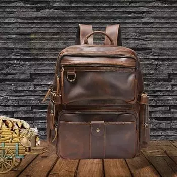 Рюкзак из натуральной кожи для мужчин, изготовленный вручную из натуральной коровьей кожи, повседневная дорожная мужская сумка One Size темно-коричневого